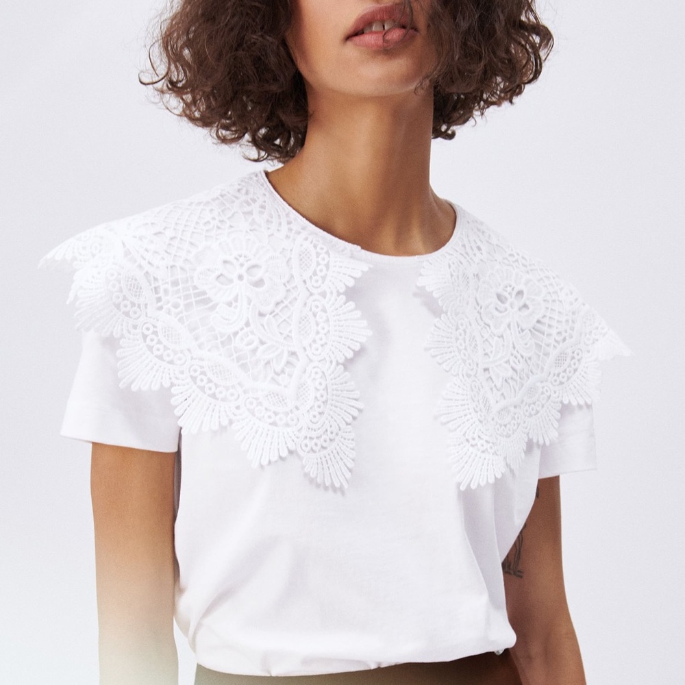 NWT ZARA Peter Pan Collar Lace Top Shirt White XL